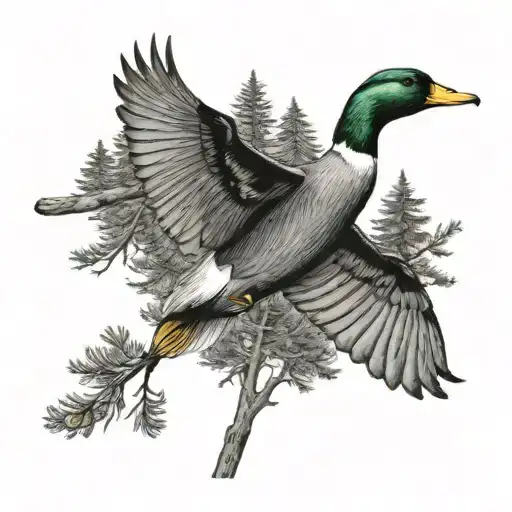 A Majestic Mallard Duck Flying Through A Dense Forest Of Timber Trees