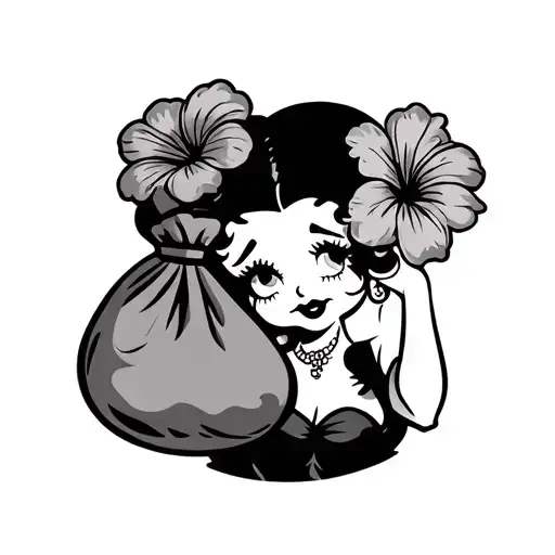 Betty Boop Holding A Money Bag With Hibiscus Flower In Her Hair