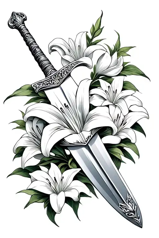A Long Sword Surrounded By Lily Flowers