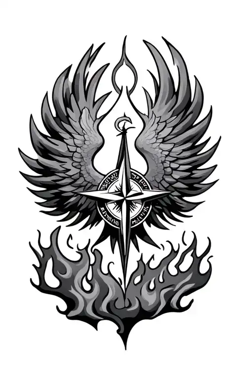 Compass Phoenix Rising From Flames