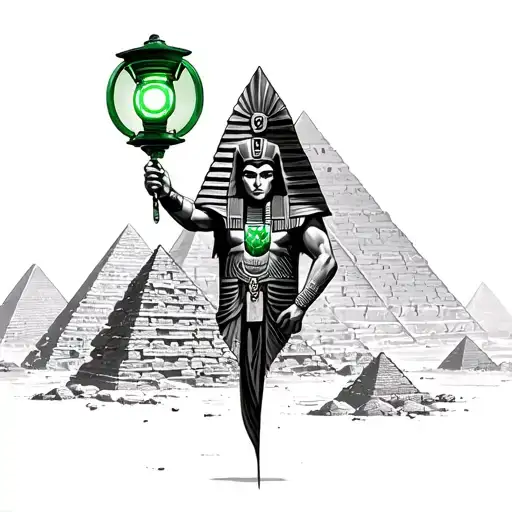 Egyptian Green Lantern With The Pyramids Of Giza Surrounding Him