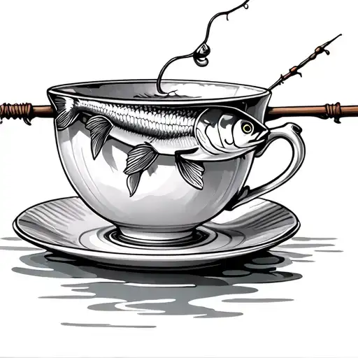 Tea Cup With Fish On A Fishing Pole Resting
