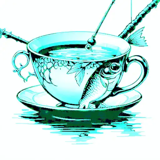 Tea Cup With Fish On A Fishing Pole Resting