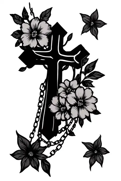 Shadowed Christian Cross With Flowers Surrounding Everything With Chains