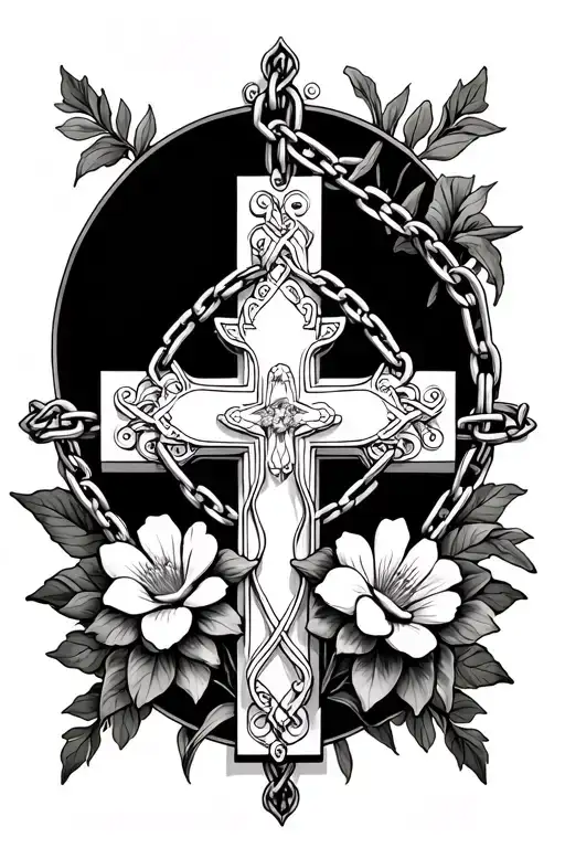 White Christian Cross With Flowers Surrounding Everything With Chains