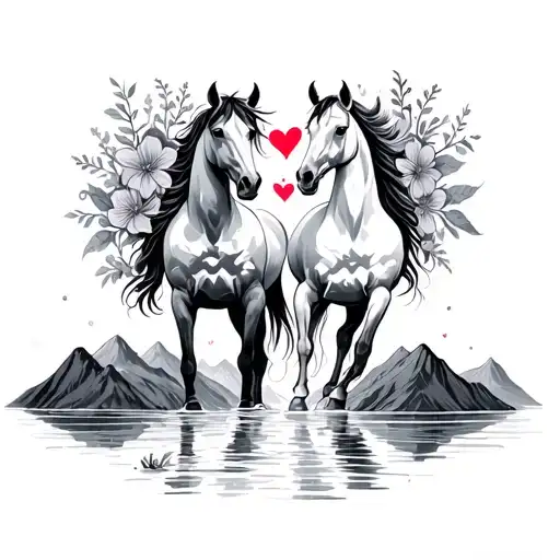 Horse Mountains River Flowers Intertwined Hearts