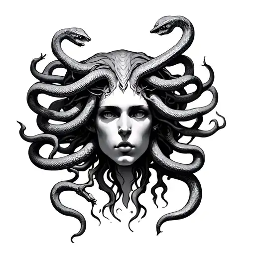 3 Head Medusa With 5 Snakes On One Head 9 On The Middle Head And 12 On The Third Head