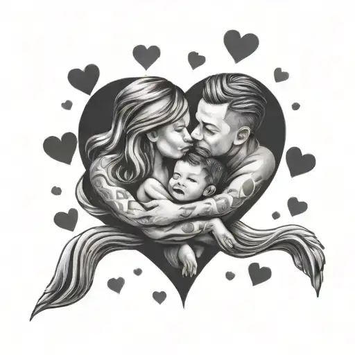 Mom And Dad Hug Their Son And There Are Hearts Around Them