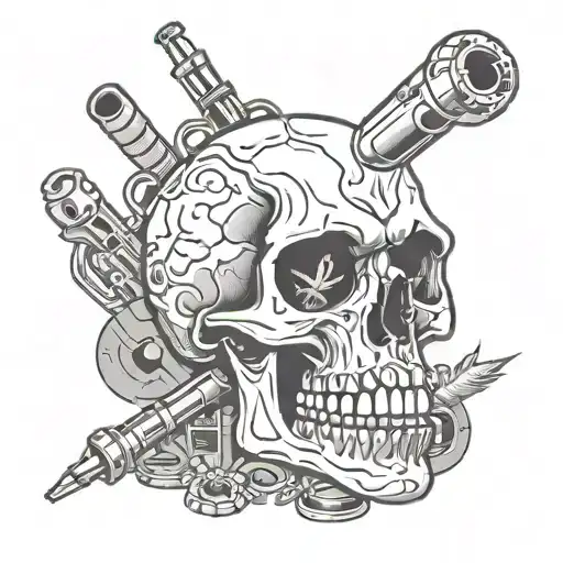 A Smoking Skull With Valorant-themed Elements Like Guns And Bombs In A Black-grey Style