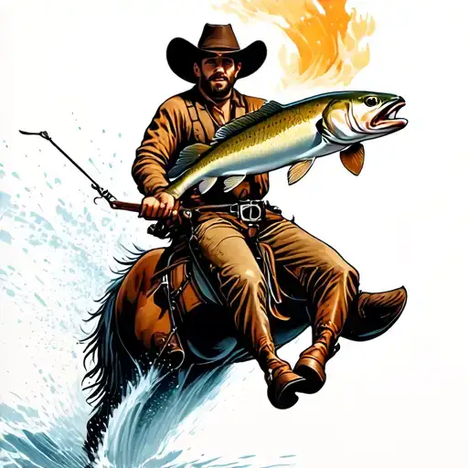 Cowboy Riding A Cutthroat Trout Jumping