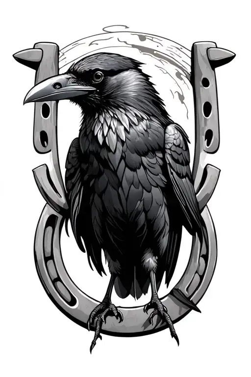 Raven Standing On A Horseshoe