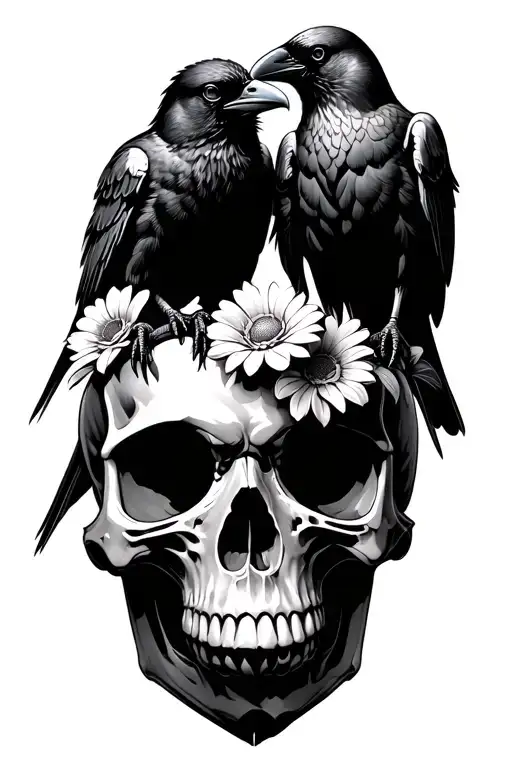 2 Crows Standing On A Skull Holding Flowers In Its Mouth