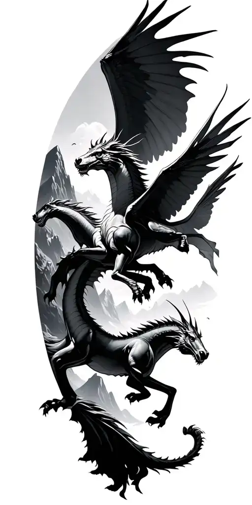Dragons And Pegasus Flying By Mountain