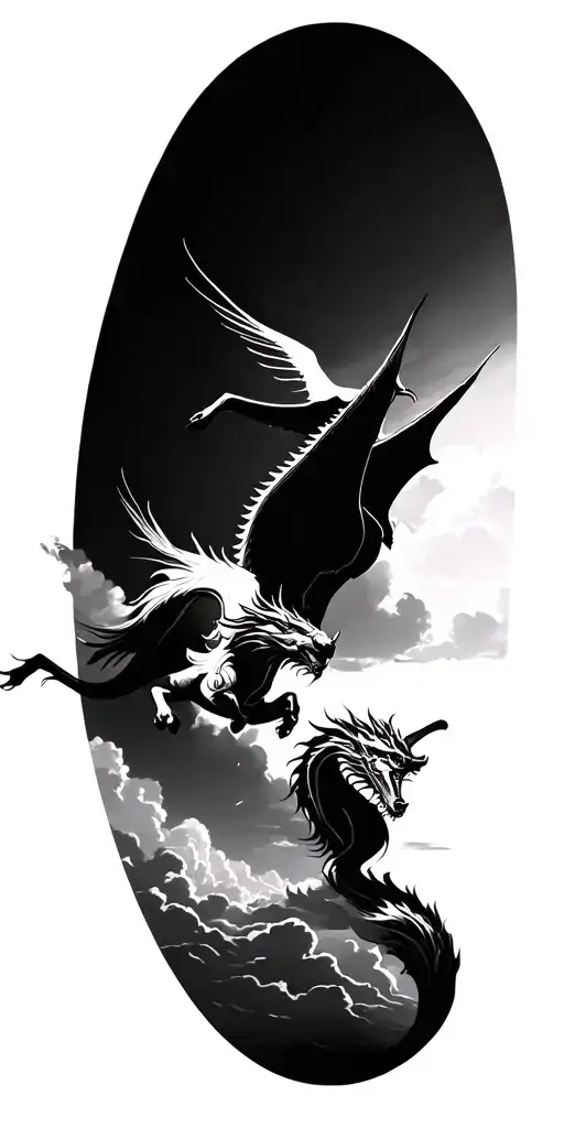 Dragon And A Pegasus Soaring Over The Horizon