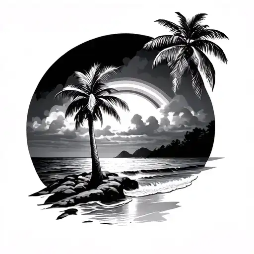 Tattoo With A Palm Tree On The Beach And A Rainbow