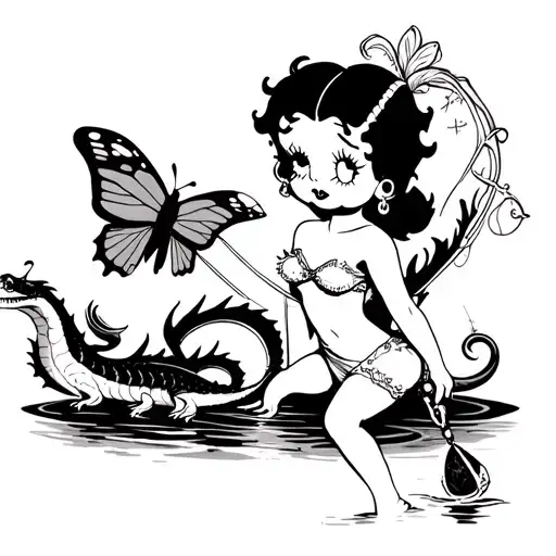 Traditional Betty Boop With A Butterfly And A Dragon Fishing