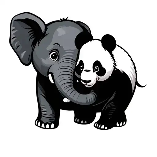 Simple Outline Baby Elephant With Baby Panda Playing Together