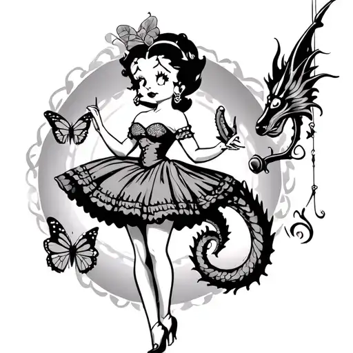 Traditional Betty Boop In Her Dress With A Butterfly And A Dragon Fishing