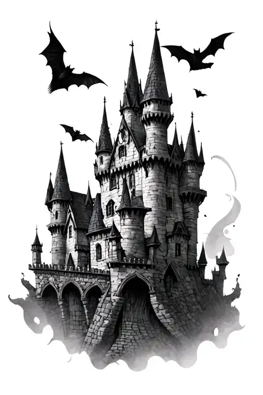 Gothic Castle With Bats And Crows