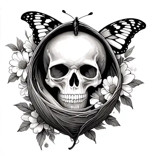 A Butterfly Emerging From A Cocoon With A Skull Print Surrounded By Flowers