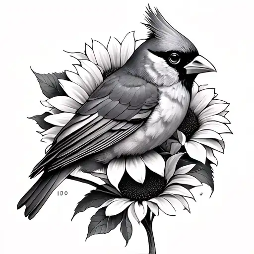 Cardinal And Sunflowers