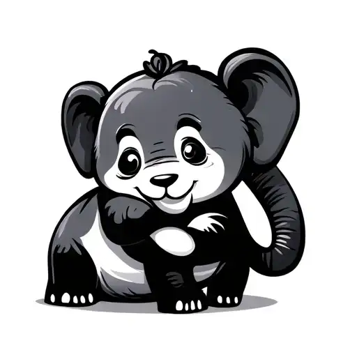 Simple Cartoon Outline Baby Elephant With Baby Panda Playing Together