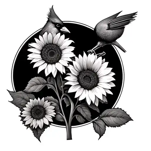 Cardinal And Sunflowers Growing