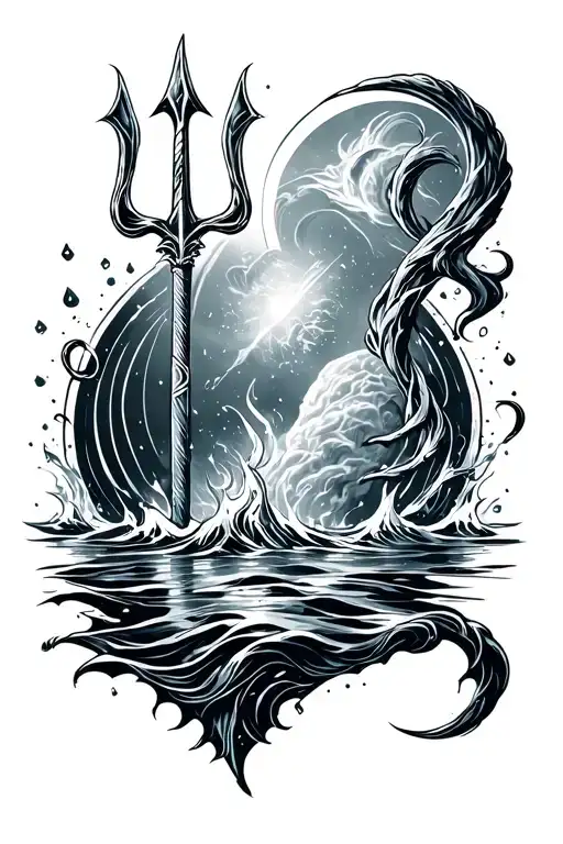 Poseidon's Trident Surrounded By Water With A Space Like Background With Neptune In The Background