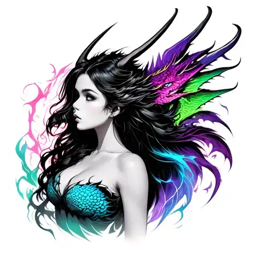 Girl Chest Tattoo Dragons Lightening Black Pink Green Purple Colours