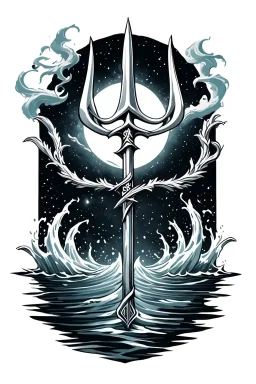 Poseidon's Trident Surrounded By Water With A Space Like Background With Neptune In The Background