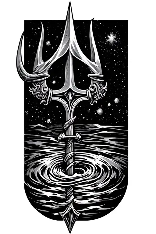 Poseidon's Trident Surrounded By Water With A Space Like Background With Neptune In The Background