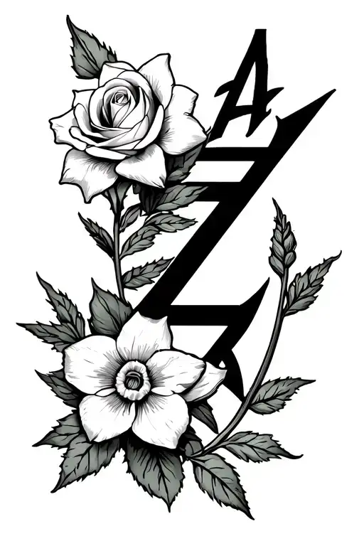 Arrow With Two Roses And A Daffodil With Intials A And Z