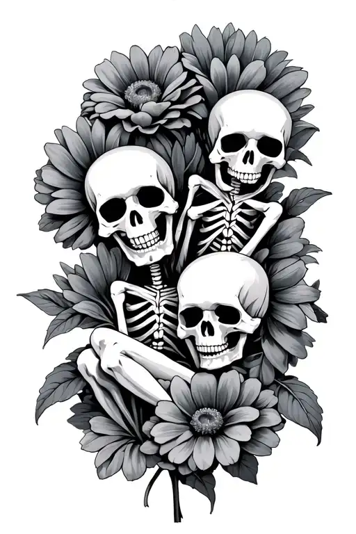 Black And Grey Flowers With Small Skeletons Sitting