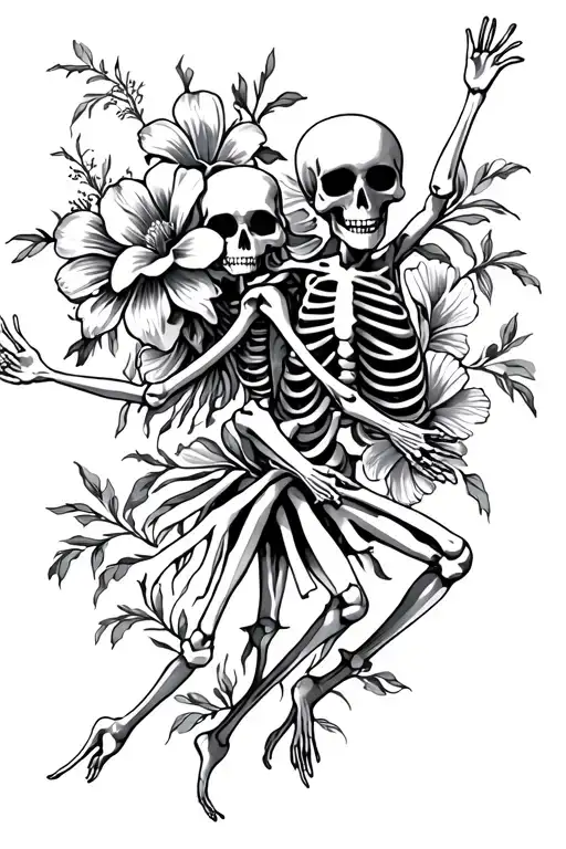Black And White Flowers With Dancing Skeletons Dancing