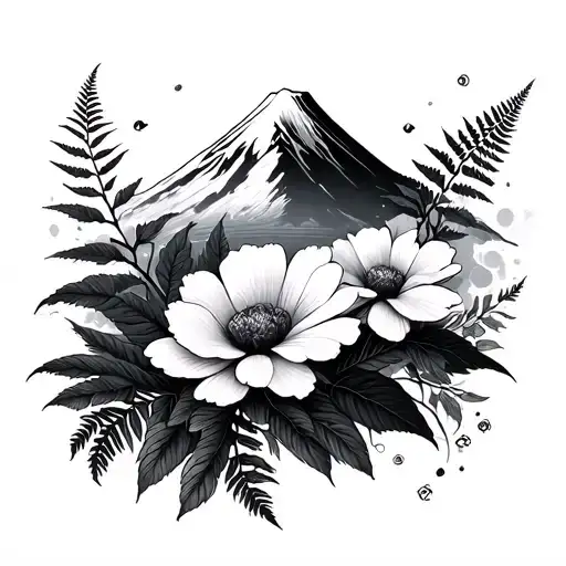 Mount Fuji Background Black With Cosmos Flower And Fern And Peony