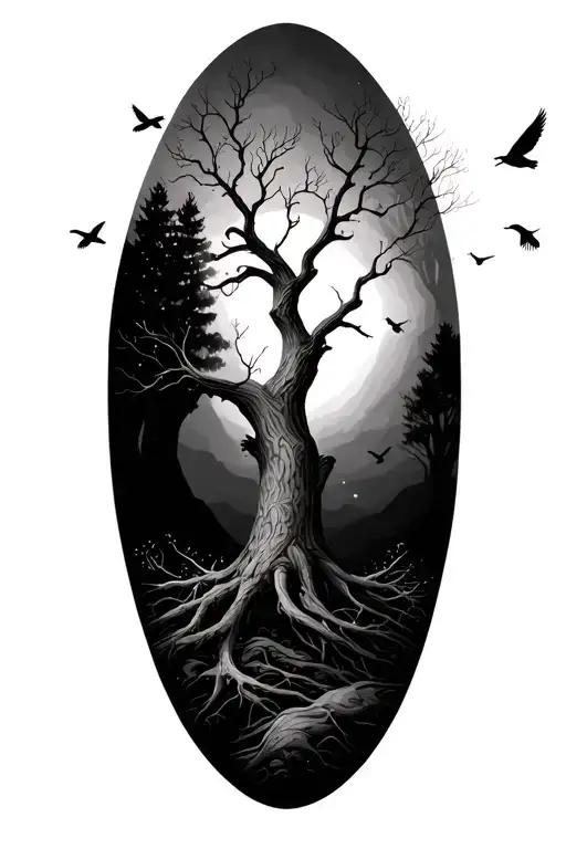 Withering Tree With Birds Flying Away