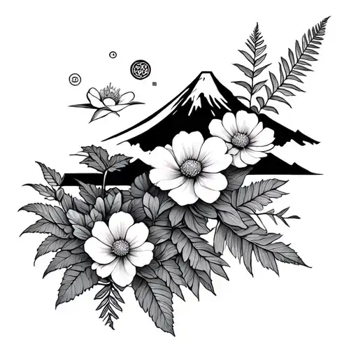 Mount Fuji Background Black With Small Cosmos Flower And Fern And Small Peony
