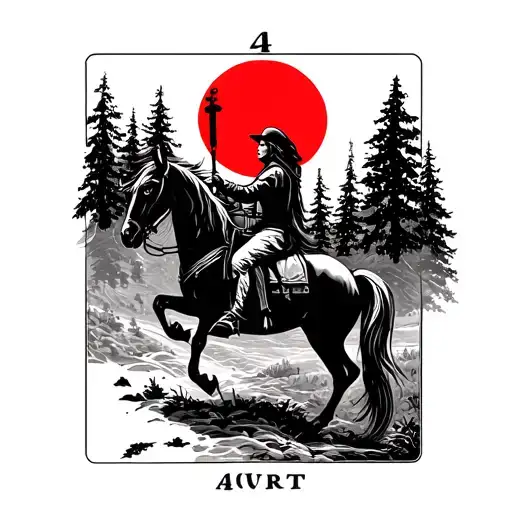 Clocked Horse Rider In Forest With A Red Sun On A Tarot Card
