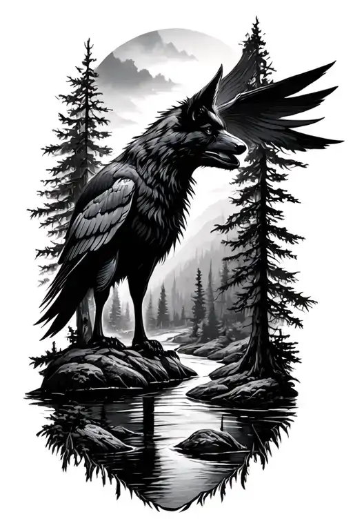 Wolf Raven River Forest Landscape