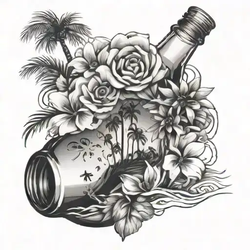 Flowers Around A Conk Shell With Palm Trees And Beach Inside Of A Bottle