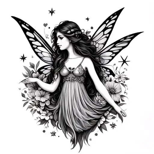 Fairy With Stars And Flowers Surrounding