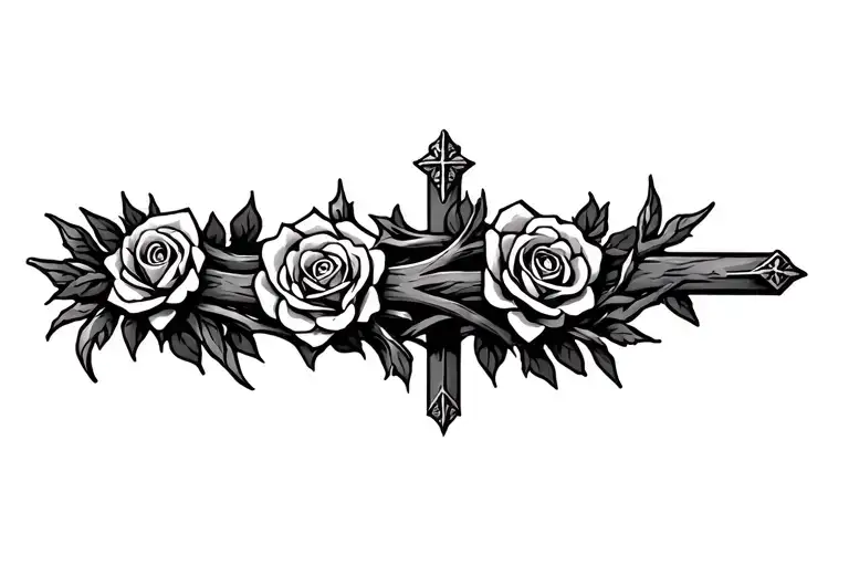 A Religious Cross And Roses With Thorns Wrapped