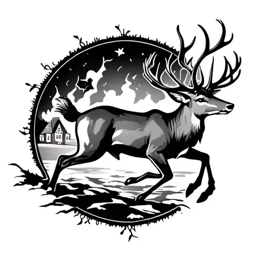 Tattoo Stencil With Witchy Gothic Vibe With Deer Running In The Middle