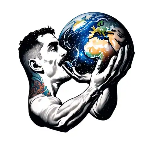 Man Holding The World Above His Head With The Galaxy Around Him