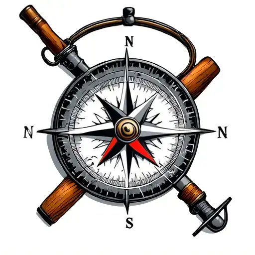 Compass With Fly Fishing Rod And Brown Trout