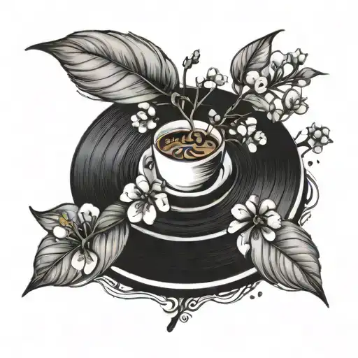 A Coffee Plant Growing Out Of A Vinyl Record With Tiny Cherry Blossoms Blooming On The Leaves