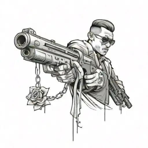 A Gangster Leaning On A Wall Covered In Graffiti Of Red Roses And Guns