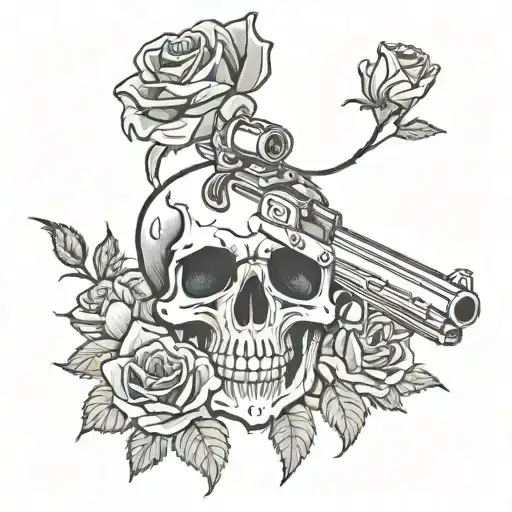 A Skull With Red Roses Growing Out Of Its Eye Sockets And A Gun In Its Mouth