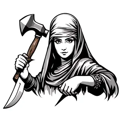 Arabic Woman Holding Hammer And Knife