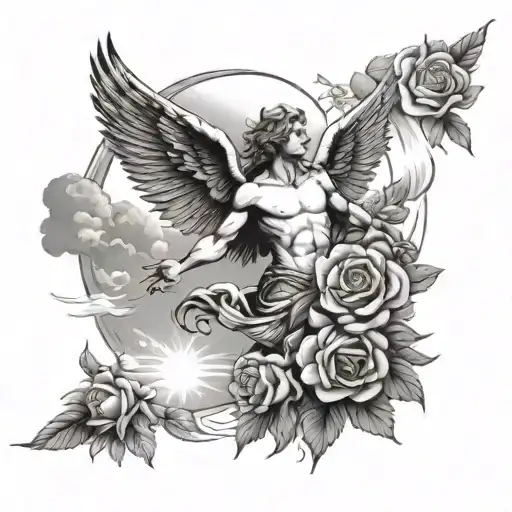 Icarus Facing The Sun Surrounded By Clouds And Roses